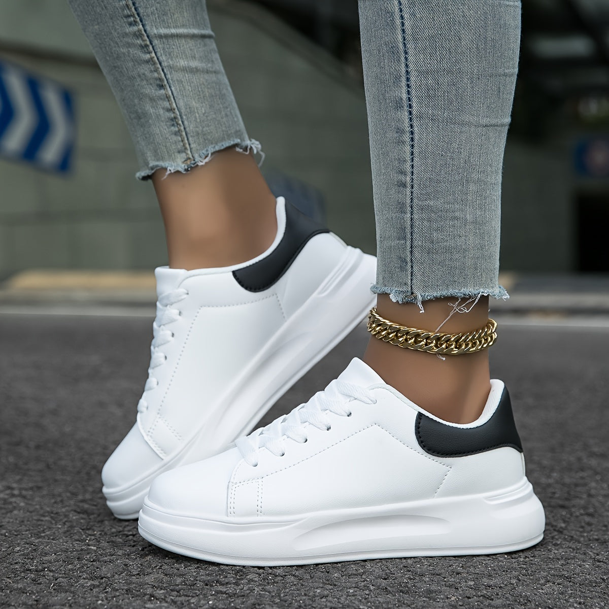 dress shoes that feel like sneakers for women Women’s Low-Top Lace-Up Sneakers with Smooth Upper and Contrast Heel Panel, White / 6.5