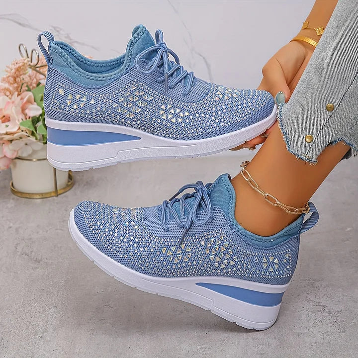 Women's Knit Lace-Up Sneakers - Rhinestone Detail - Wedge Sole