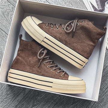 Unisex High Top Sneakers - Lace-Up Suede Upper - Platform Cupsole