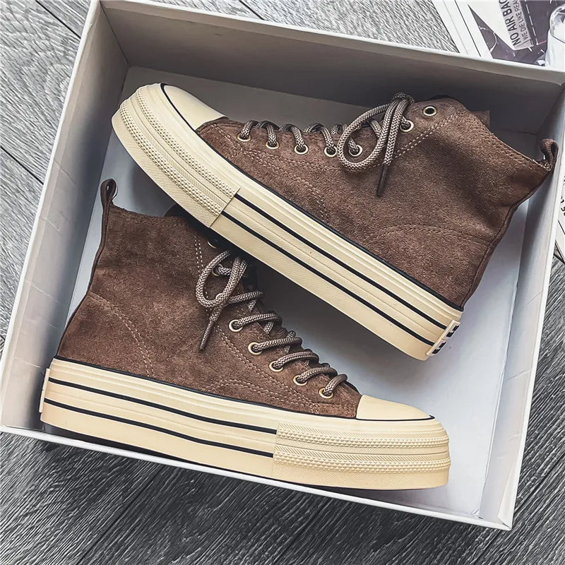 Unisex High Top Sneakers - Lace-Up Suede Upper - Platform Cupsole