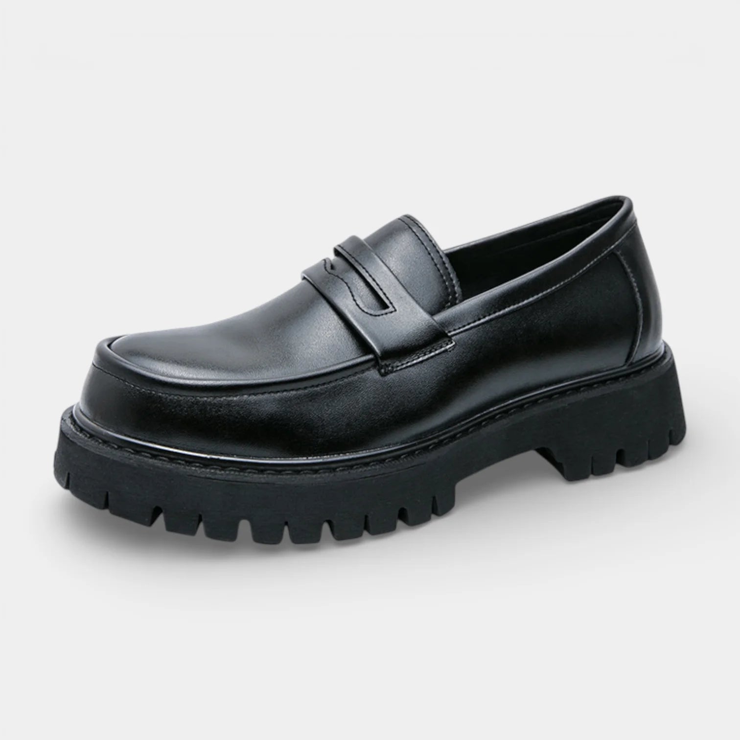 Men’s Black Rounded Toe Slip-On Loafers with Front Strap and Chunky Lug Sole