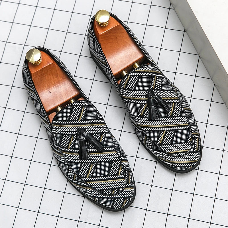 Men’s Almond Toe Checker Weave Faux Leather Tassel Loafers with Slip-On Design