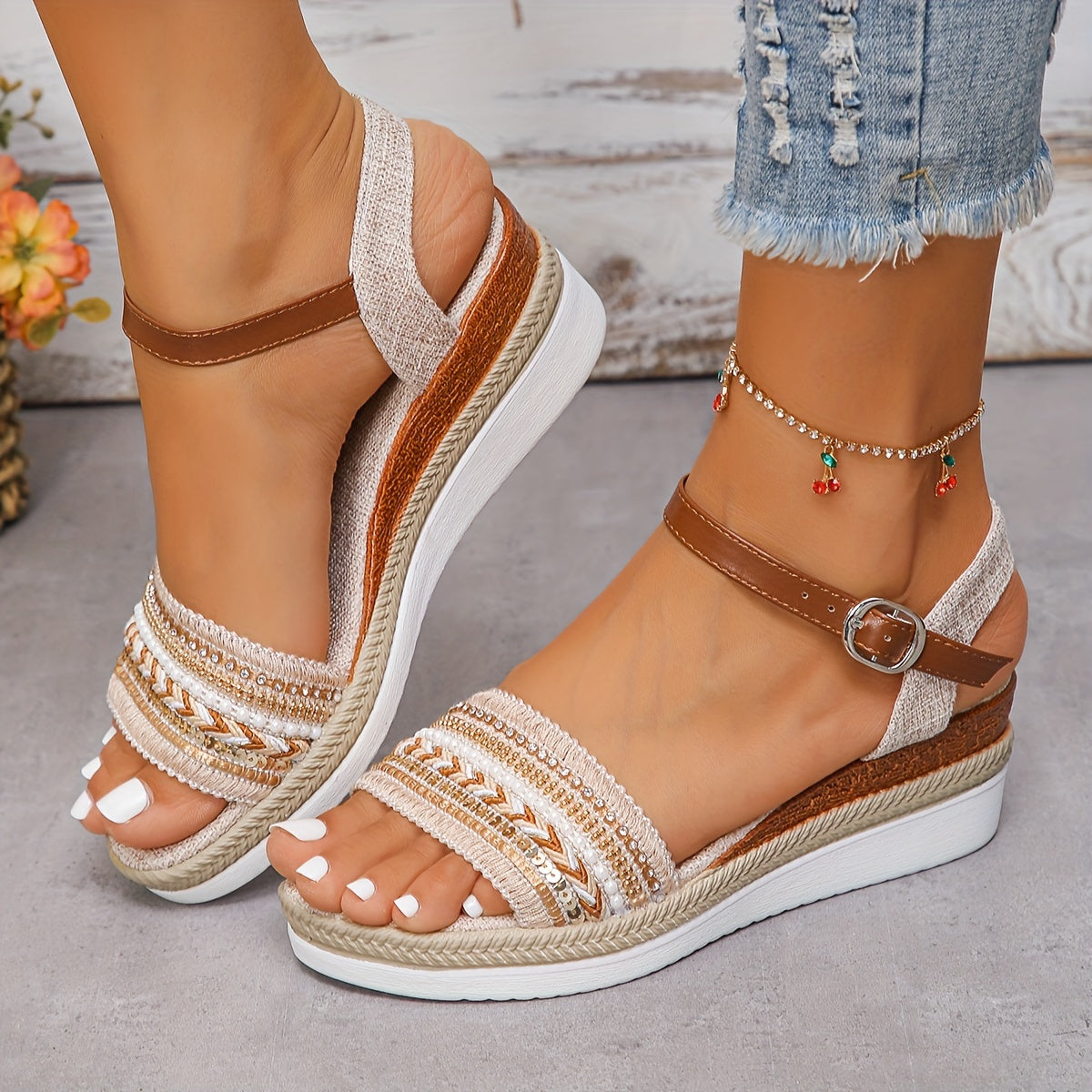 Women's Platform Wedge Comfortable Espadrille - Ankle Strap - Braided