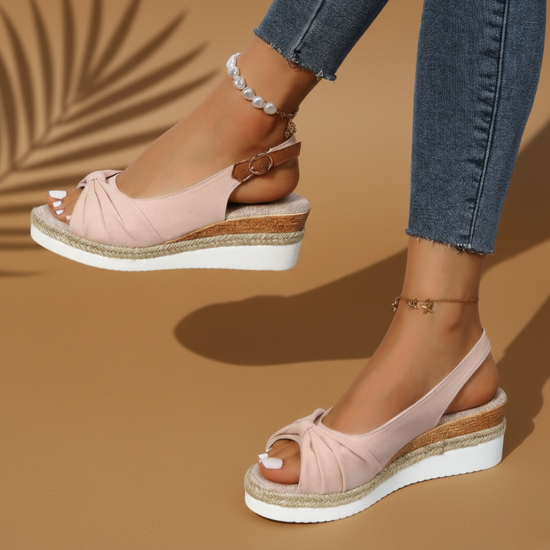 Women's Peep Toe Wedge Sandals - Knotted Vamp - Slingback Buckle Strap - Espadrille Platform Sole
