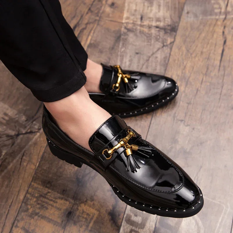 Men's Tassel Loafers - Slip-On Patent Upper - Pointed Toe Low Heel