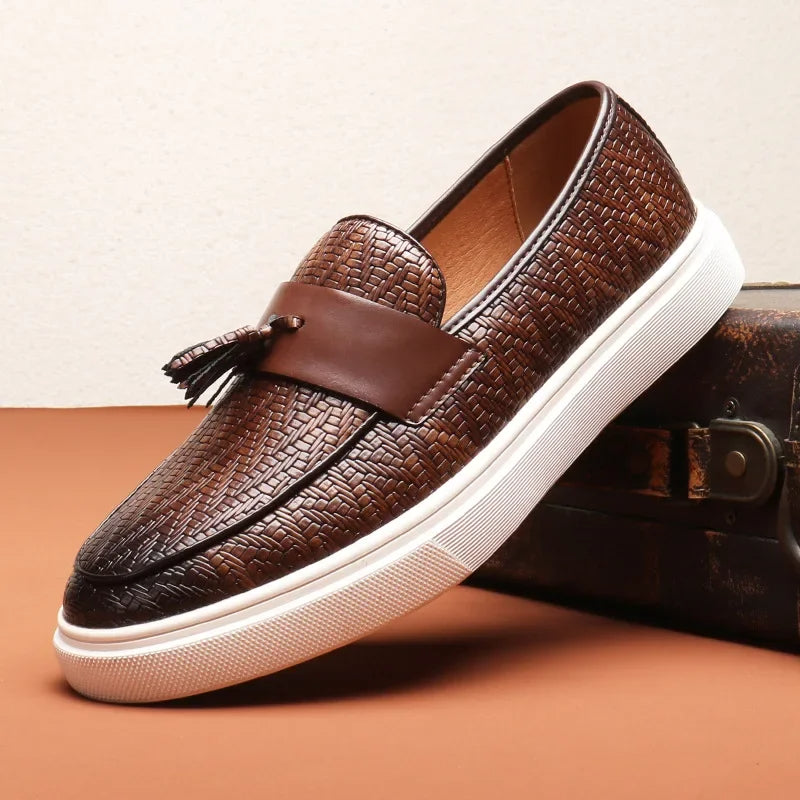 Men's Tassel Loafers - Slip-On Woven Embossed Upper - Flat Sneaker Sole