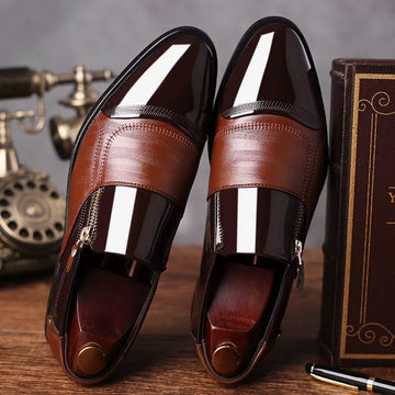 Men's Pointed Toe Dress Shoes - Side Zip - Patent Panel Upper Low Heel