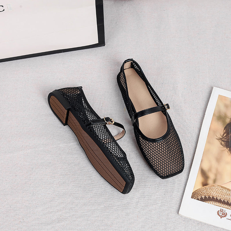Women's Mesh Mary Jane Flats – Square Toe Buckle Strap Open Weave Upper