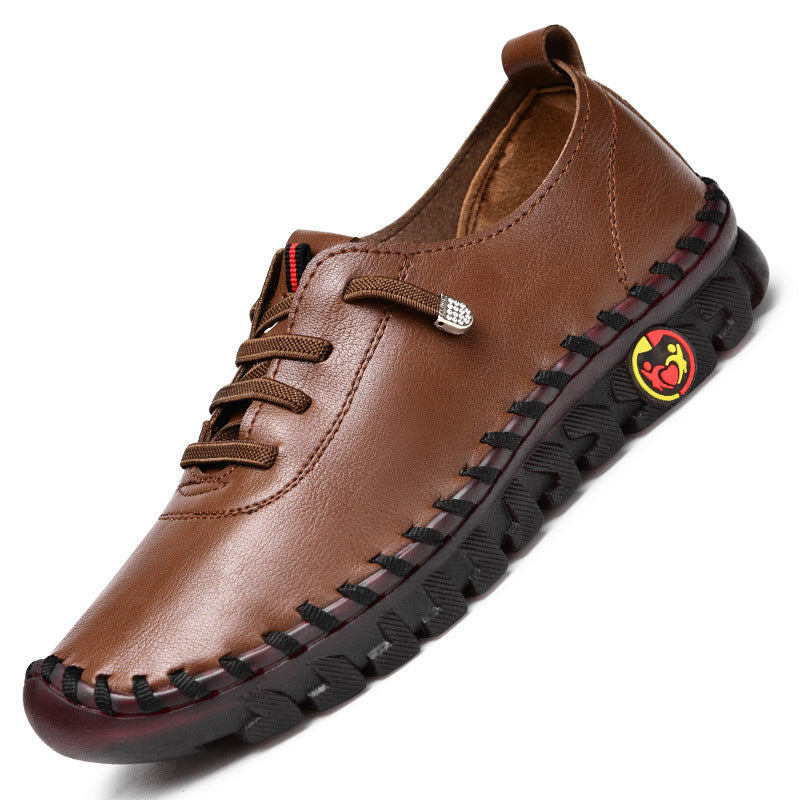 Women's Lace-Up Leather Casual Shoes - Round Toe - Moccasin Stitch Sole - Flat