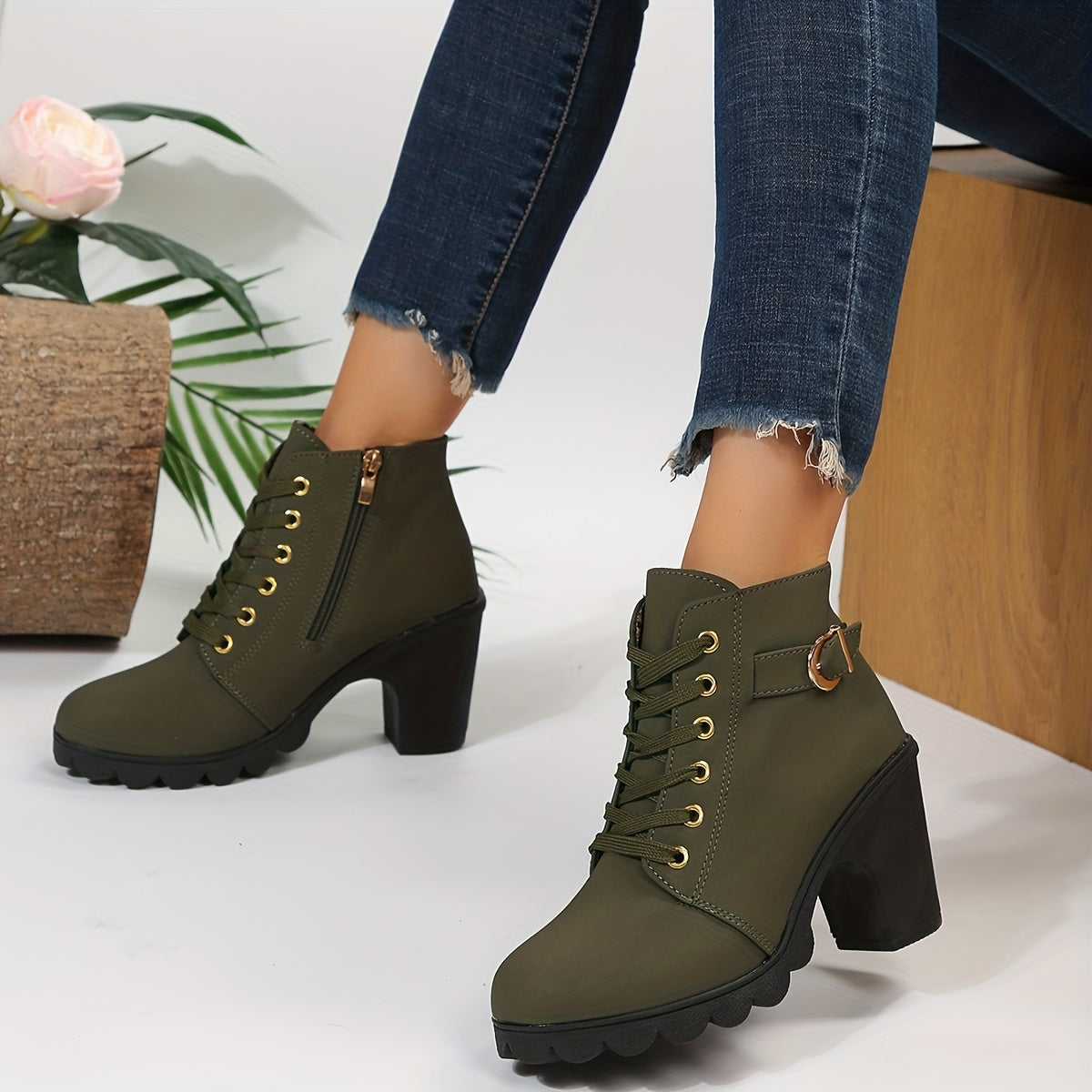 Women's Ankle Boots - Block Heel - Lace-Up - Side Zipper - Buckle Detail