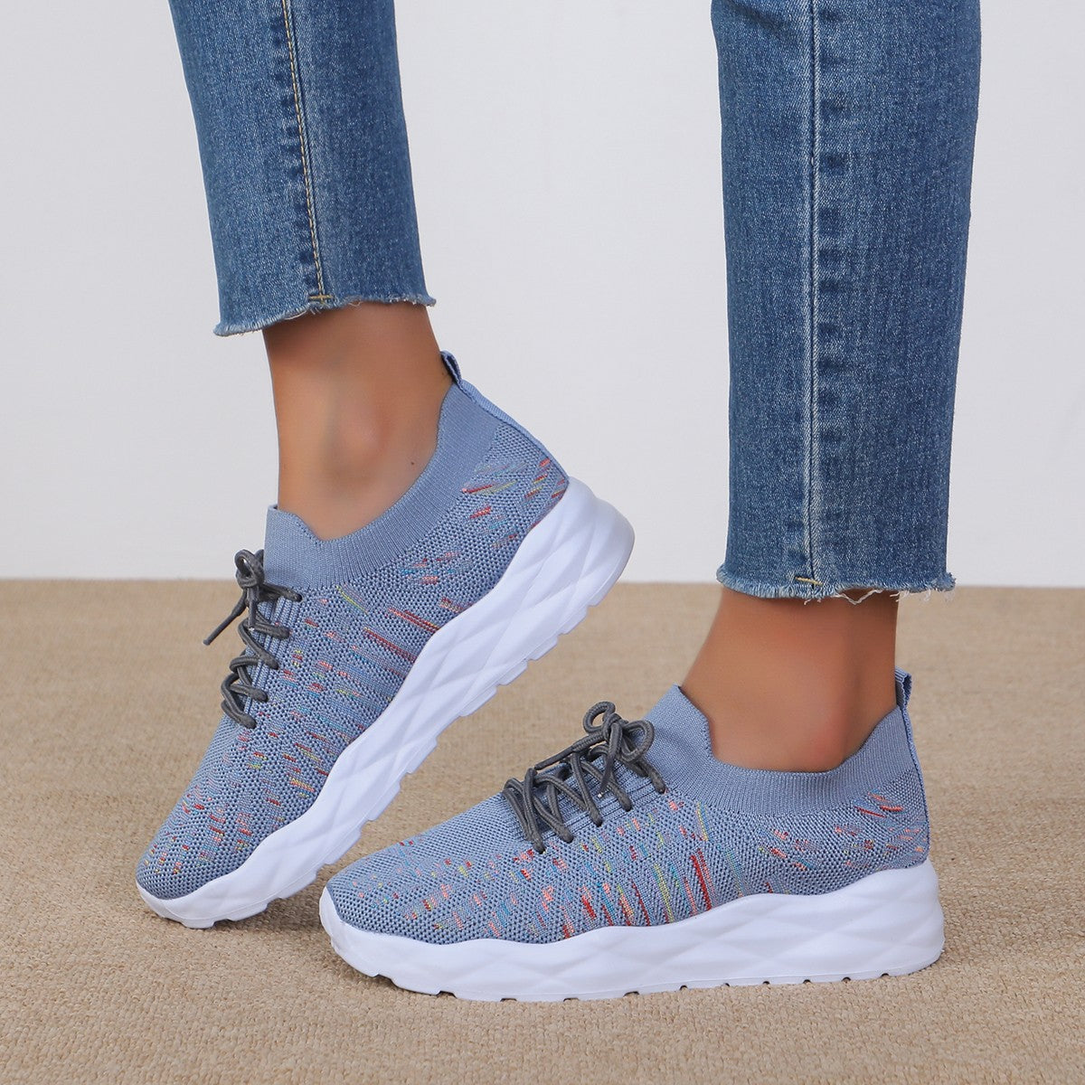 Women's Lace-Up Knit Mesh Sneakers - Round Toe - Sock Collar - Chunky Sole
