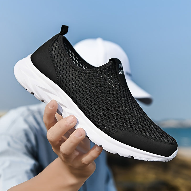 Men's Mesh Knit Slip-On Low-Top Sneakers - Pull Tab - White Sole