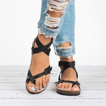 Women's Slip-On Strappy Flat Sandals - Round Toe - Moccasin Stitch Outsole