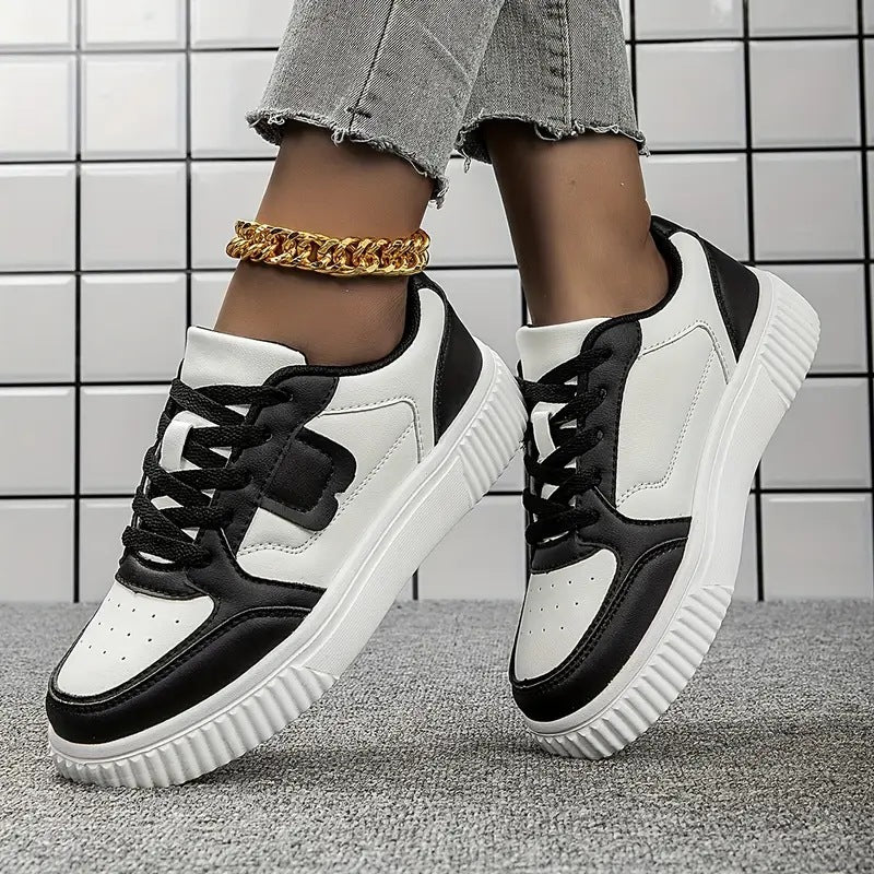 Women's Lace-Up Platform Sneakers with Round Toe and Color-Block Upper