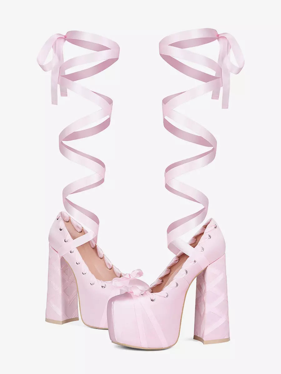 Women’s Pink Platform High Heel Shoes with Lace Up Front Ribbon Wrap and Block Heel