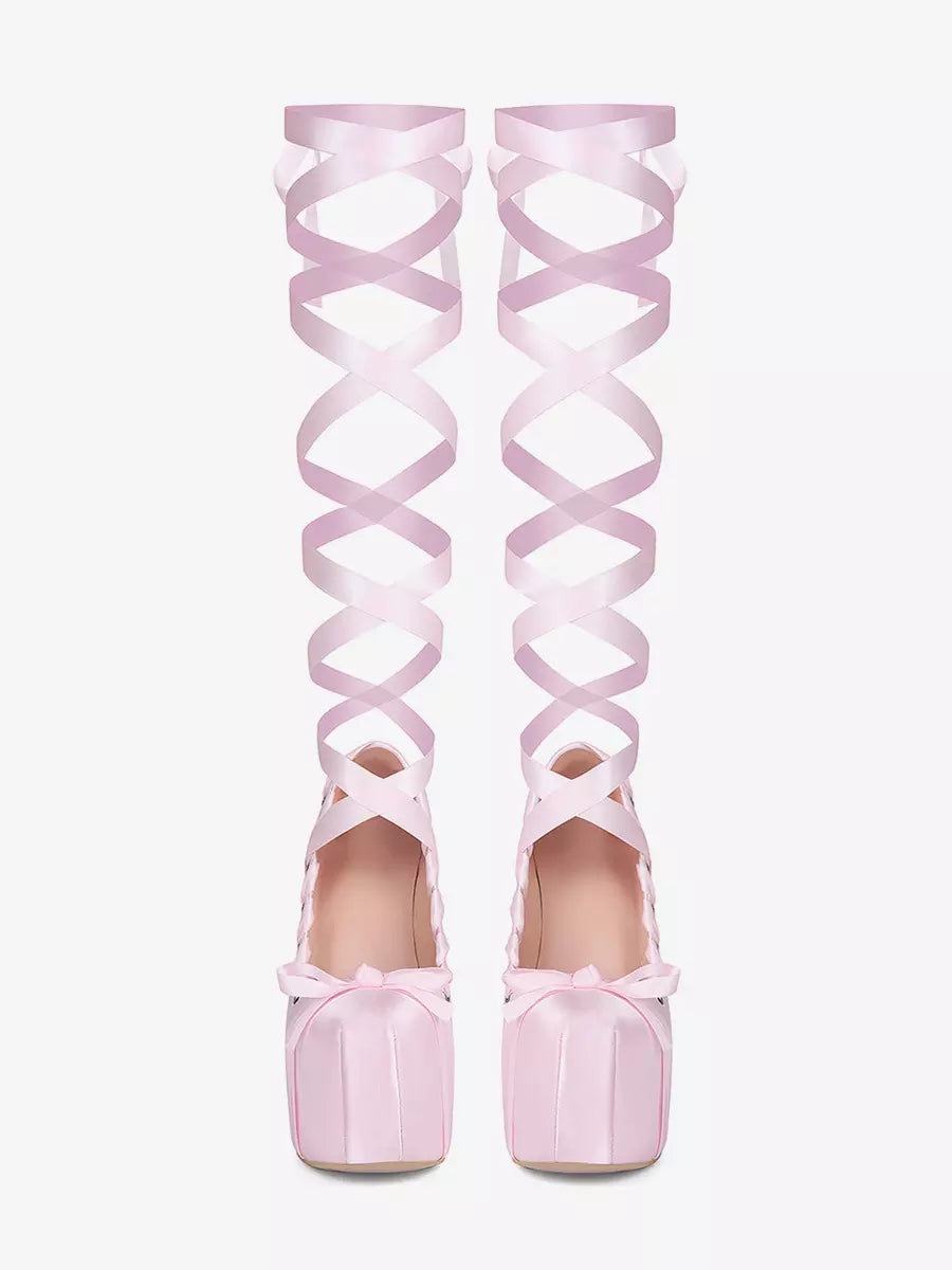 Women’s Pink Platform High Heel Shoes with Lace Up Front Ribbon Wrap and Block Heel