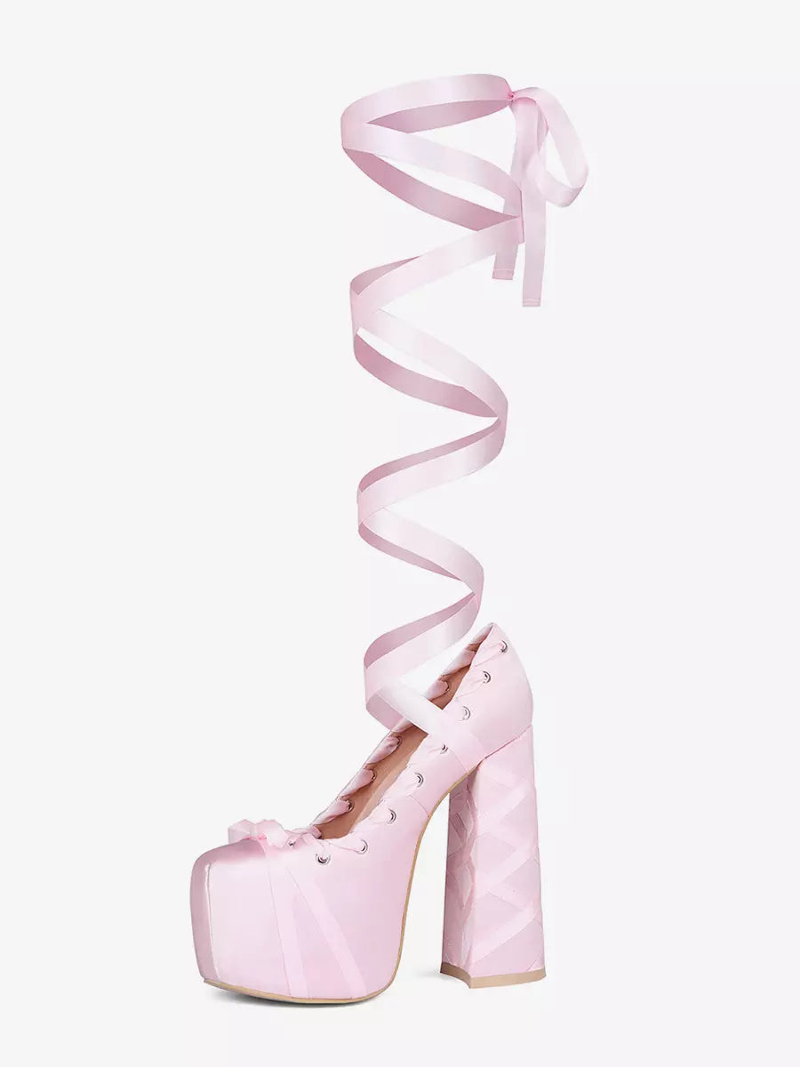 Women’s Pink Platform High Heel Shoes with Lace Up Front Ribbon Wrap and Block Heel
