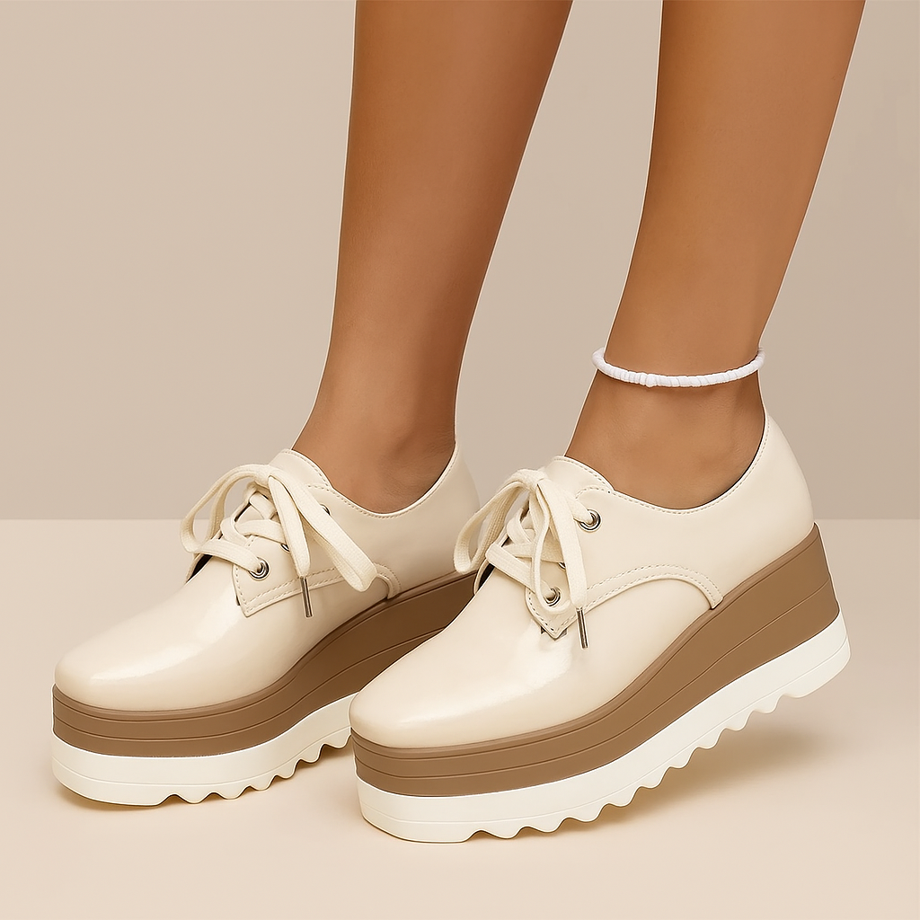 Women's Square Toe Platform Sneakers - Lace-Up Patent Leather - High Platform
