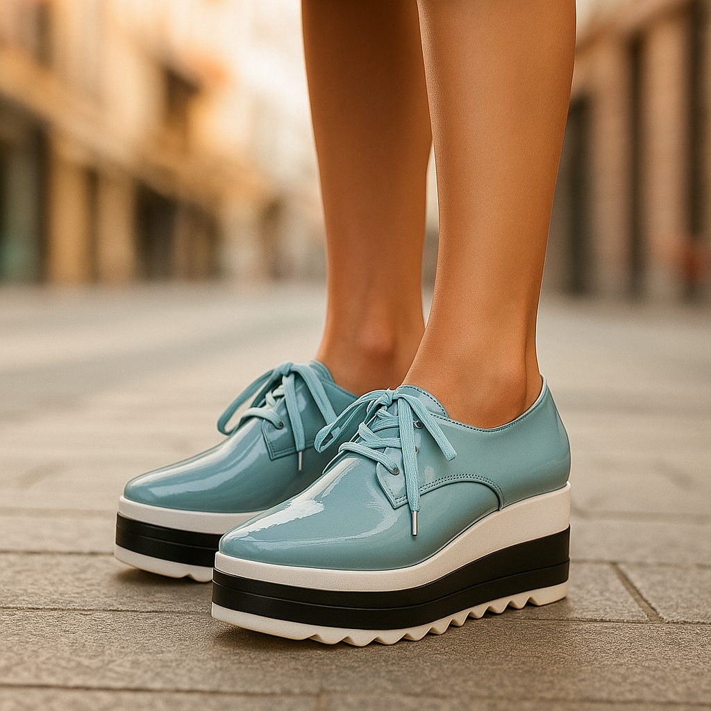 Women's Square Toe Platform Sneakers - Lace-Up Patent Leather - High Platform