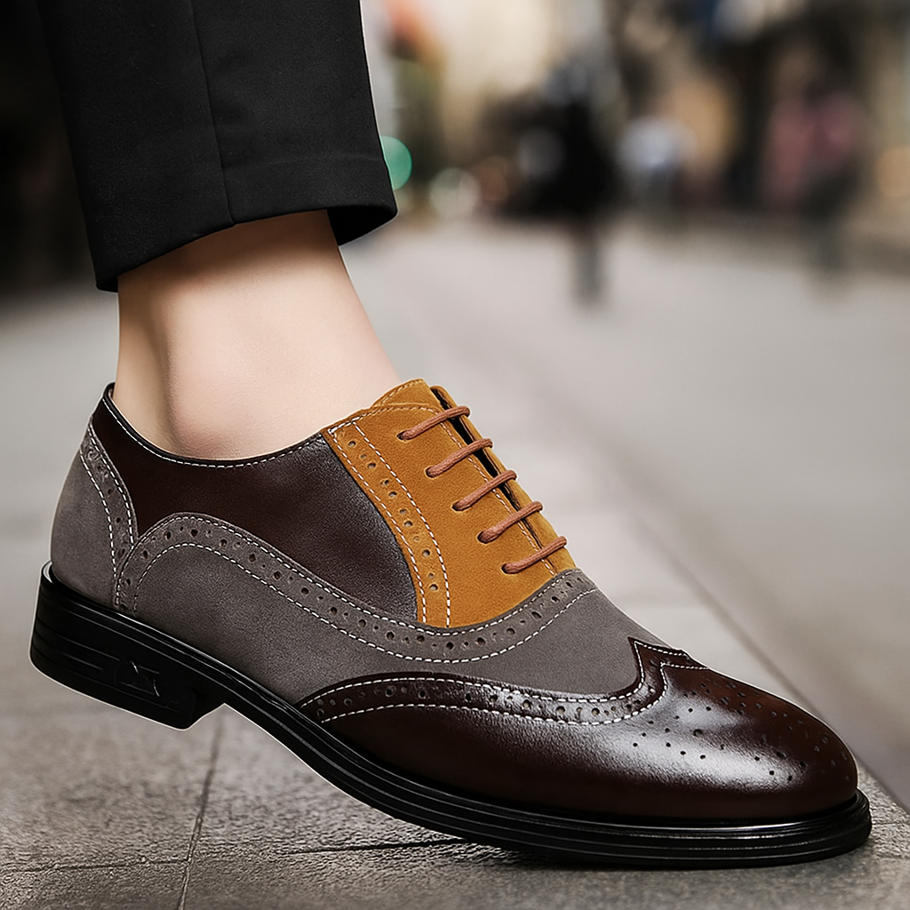 Men's Leather Wingtip Brogue Oxford Shoes - Lace-Up Rubber Sole
