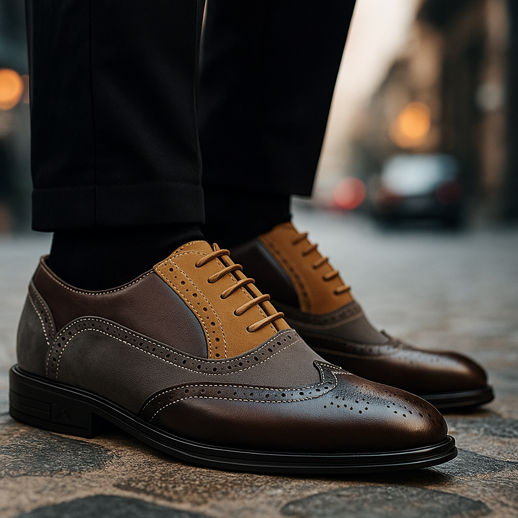Men's Leather Wingtip Brogue Oxford Shoes - Lace-Up Rubber Sole