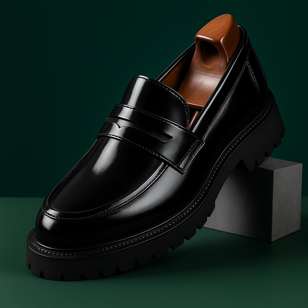 Men's Leather Penny Loafers - Chunky Platform Sole - Slip-On
