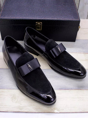 Men's Dress Loafers – Slip-On Round Toe with Suede Panel - Bow Detail