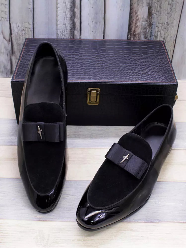 Men's Dress Loafers – Slip-On Round Toe with Suede Panel - Bow Detail
