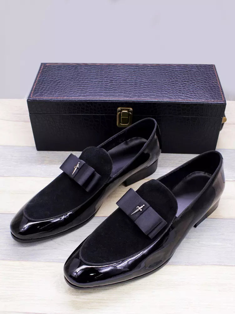 Men's Dress Loafers – Slip-On Round Toe with Suede Panel - Bow Detail