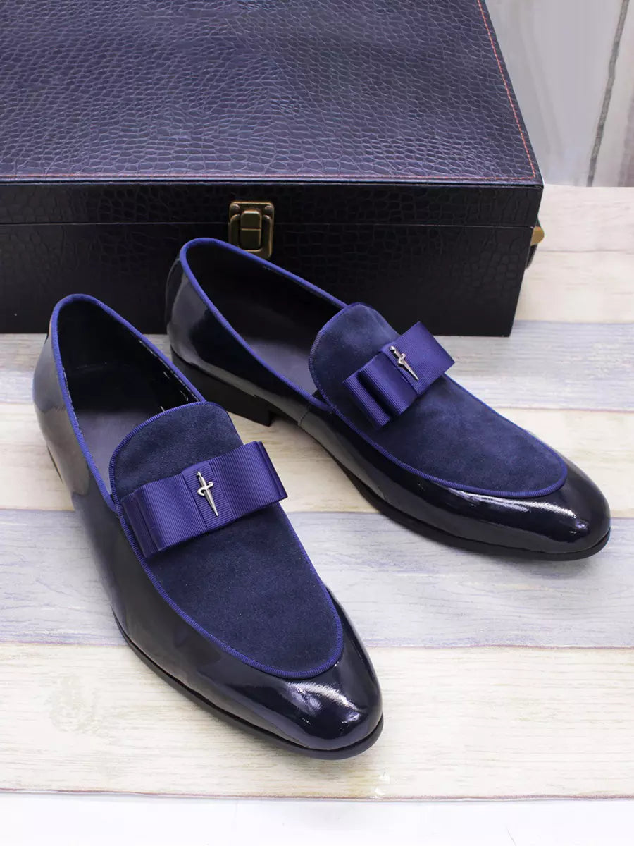 Men's Dress Loafers – Slip-On Round Toe with Suede Panel - Bow Detail
