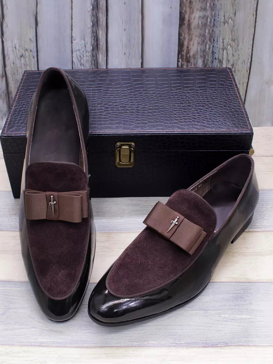 Men's Dress Loafers – Slip-On Round Toe with Suede Panel - Bow Detail
