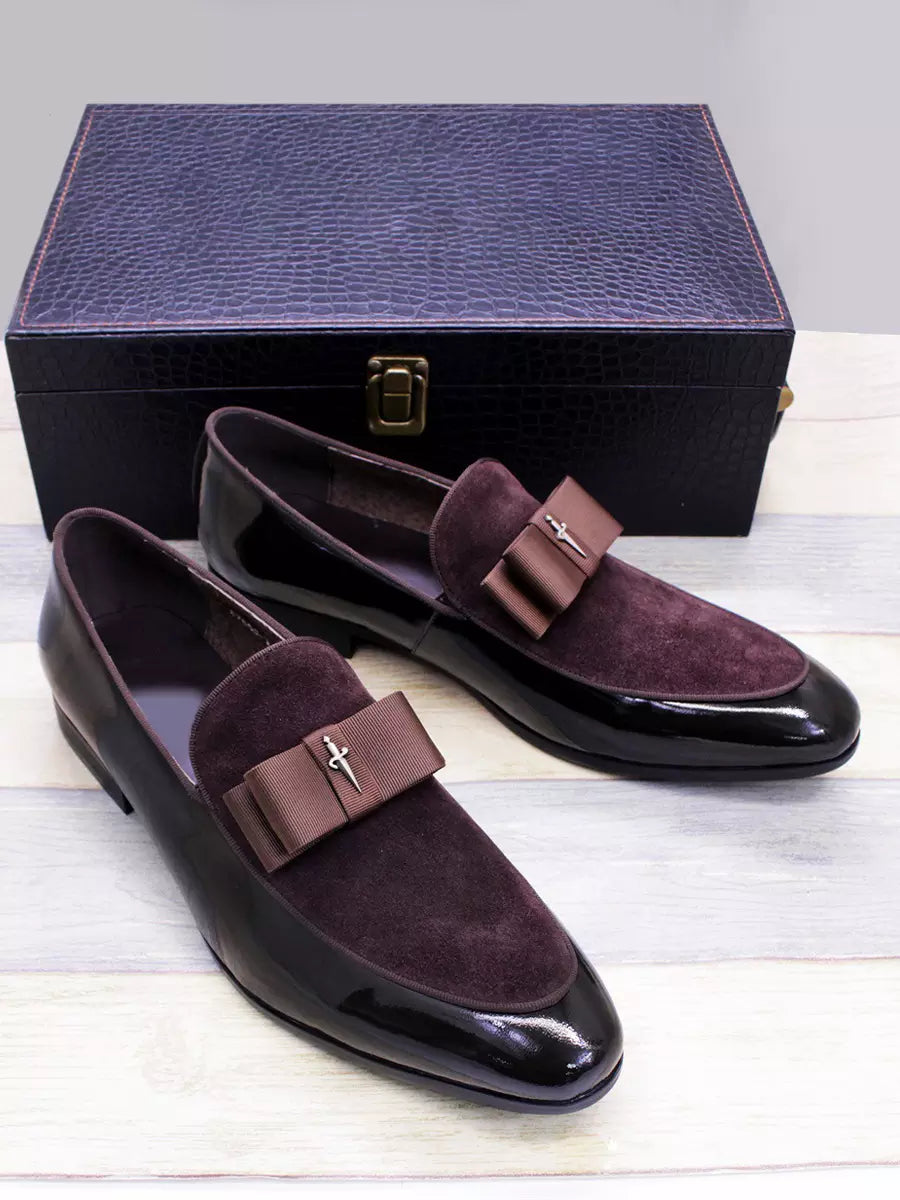 Men's Dress Loafers – Slip-On Round Toe with Suede Panel - Bow Detail