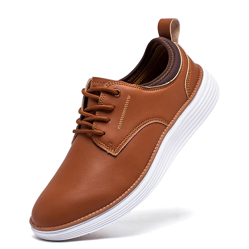 Men's Leather Casual Dress Shoes – Plain Toe Lace-Up with Chunky White Sole