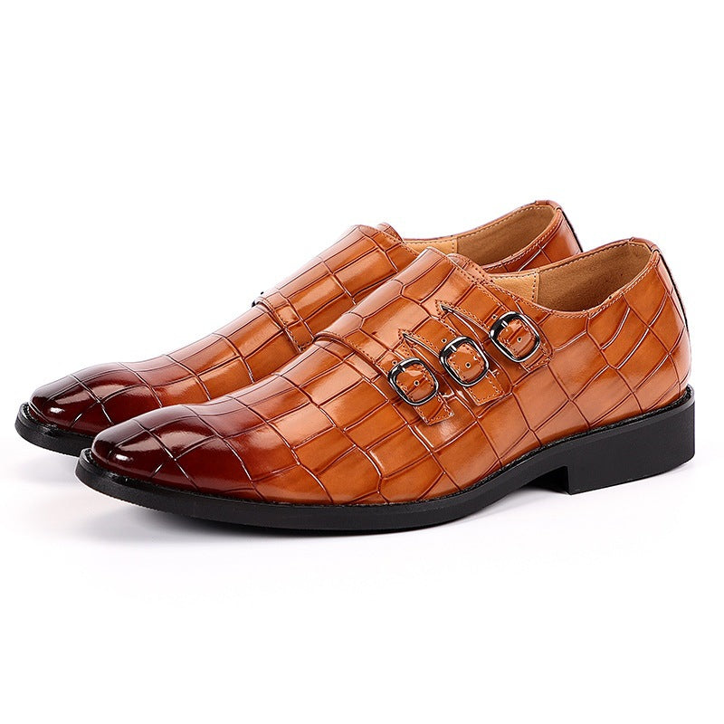 Men's Triple Monk Strap Dress Shoes - Pointed Toe - Croc Embossed - Low Heel