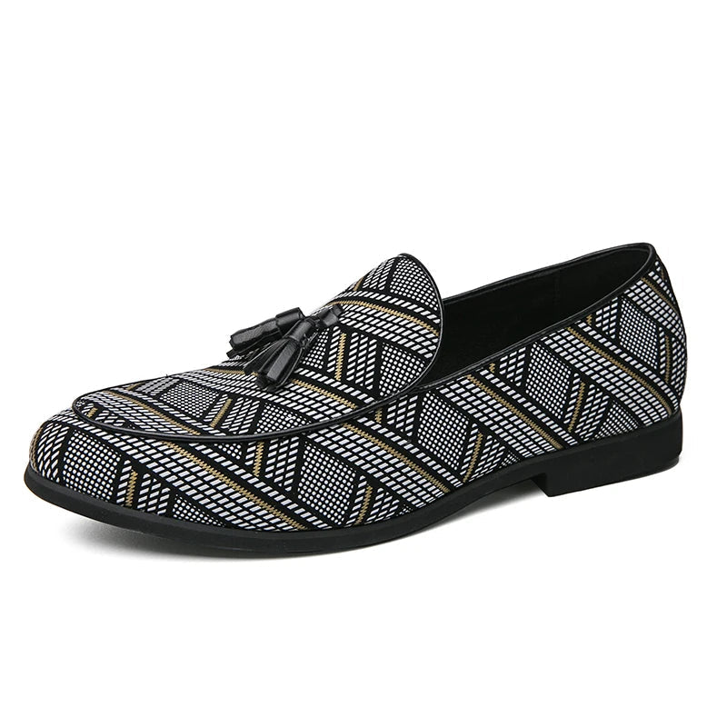 Men’s Almond Toe Checker Weave Faux Leather Tassel Loafers with Slip-On Design