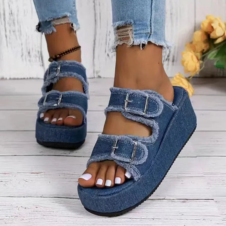 Women’s Open Toe Platform Slide Sandals with Double Buckle Straps