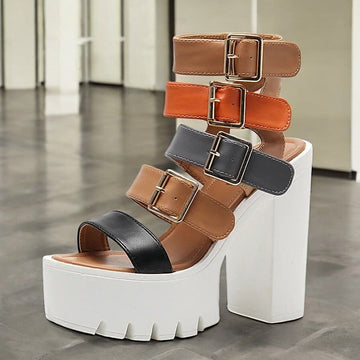 Women’s Chunky Platform Sandals with Multi Strap Buckle Design