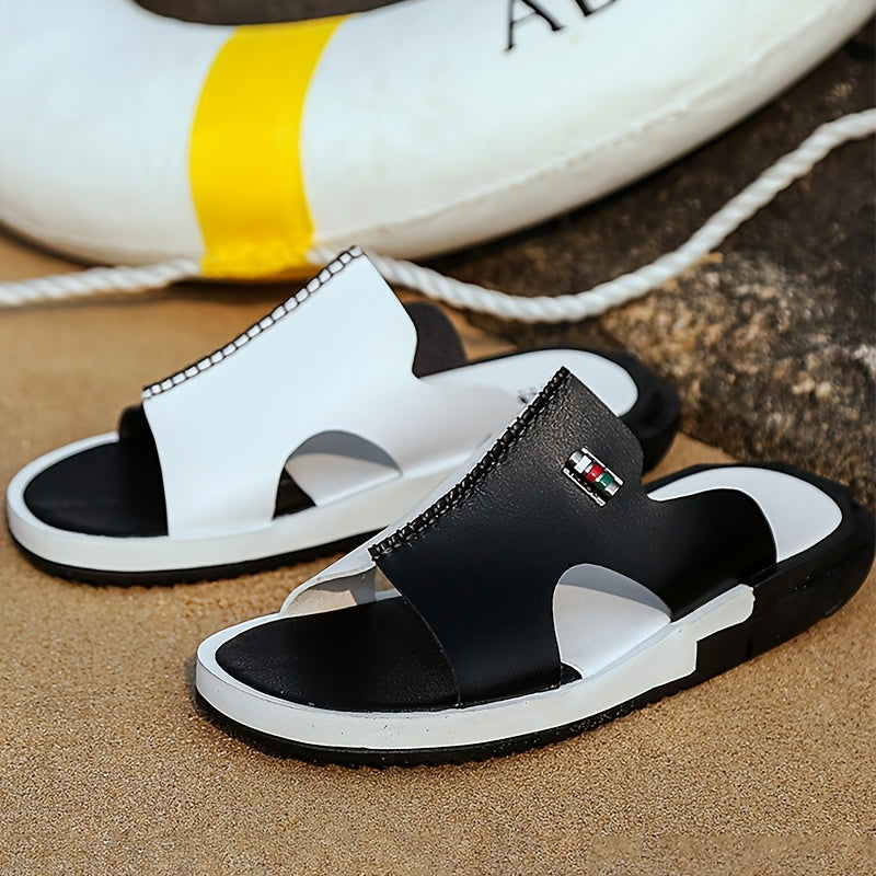 Men's Slide Sandals – Open Toe Slip-On with Contrast Panel and Flat Sole