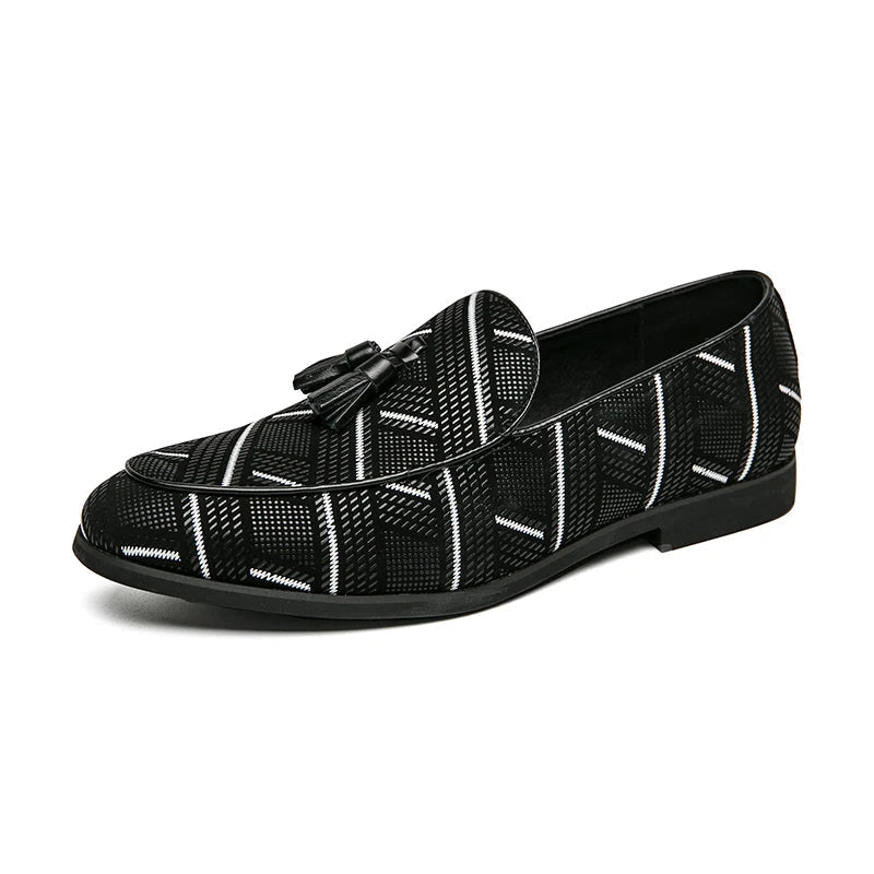 Men’s Almond Toe Checker Weave Faux Leather Tassel Loafers with Slip-On Design
