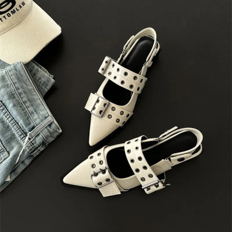 Women's Leather Slingback Heels - Double Buckle Eyelet Strap