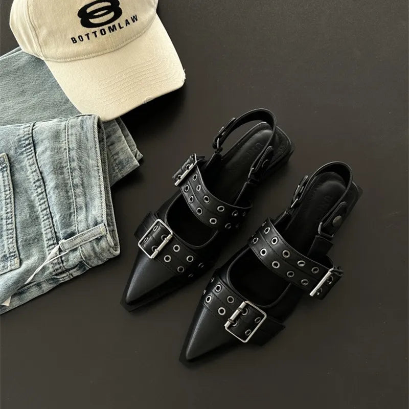 Women's Leather Slingback Heels - Double Buckle Eyelet Strap