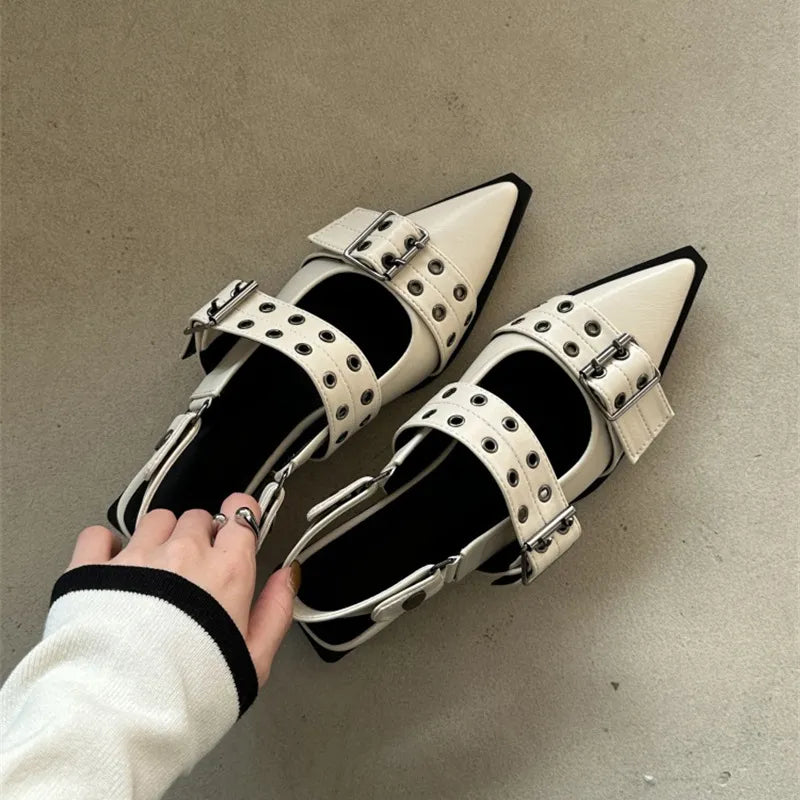 Women's Leather Slingback Heels - Double Buckle Eyelet Strap