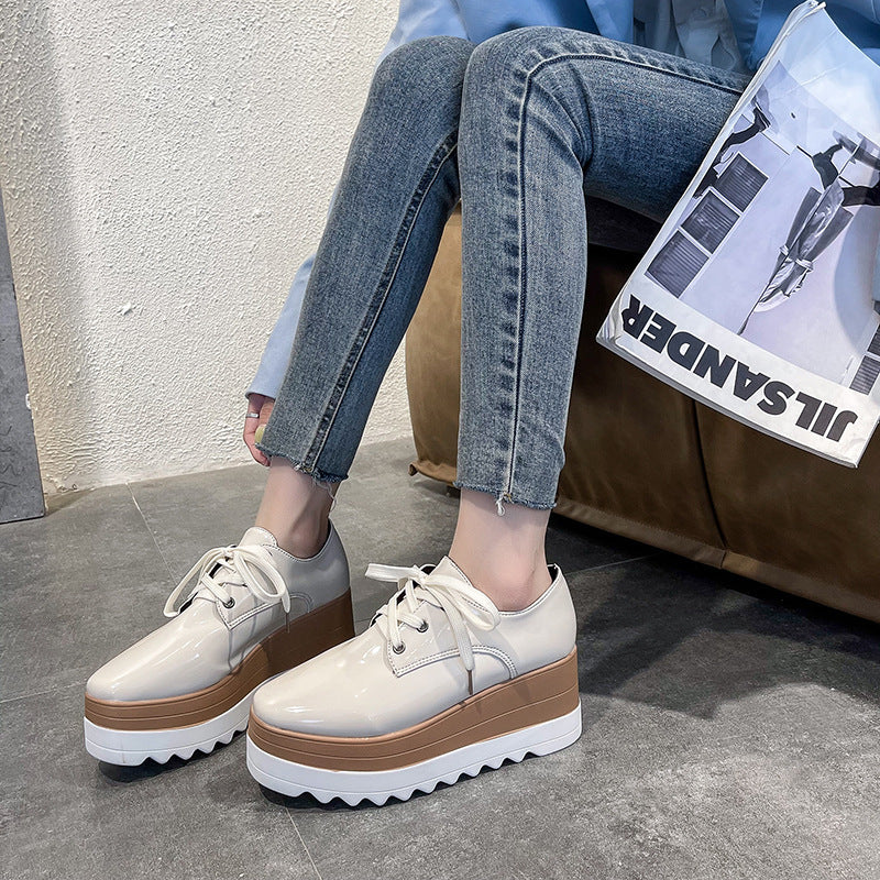 Women's Square Toe High Platform Sneakers - Lace-Up Patent