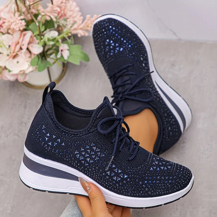 Women's Knit Lace-Up Sneakers - Rhinestone Detail - Wedge Sole