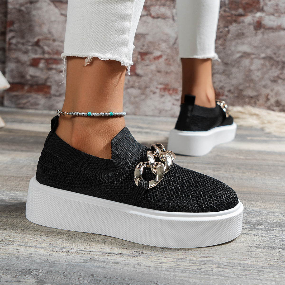 Women's Platform Sneakers – Round Toe Slip-On Knit with Chain Hardware