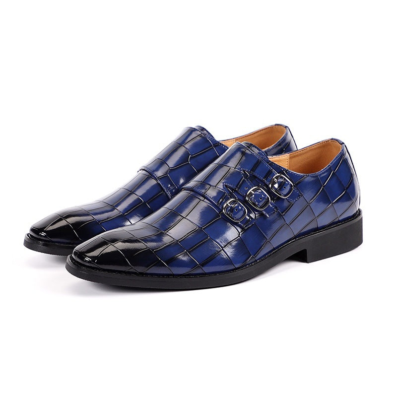 Men's Triple Monk Strap Dress Shoes – Pointed Toe Grid-Embossed Slip-On