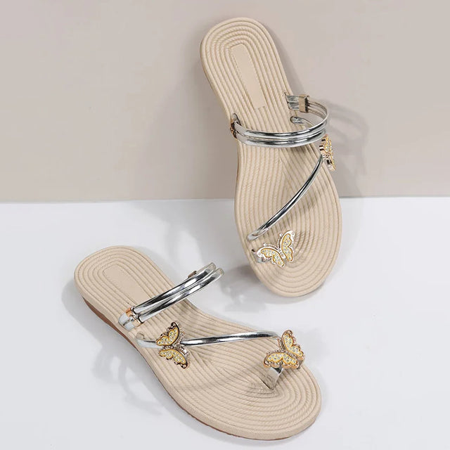 Women's Flat Sandals - Ankle Strap - Butterfly Embellishments