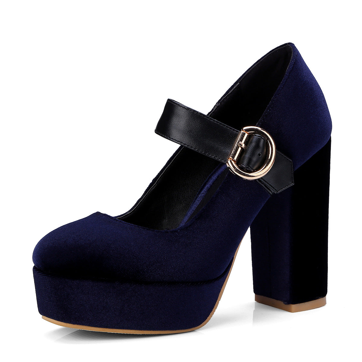 Women's Velvet Platform Heels with Round Toe and Mary Jane Buckle Strap