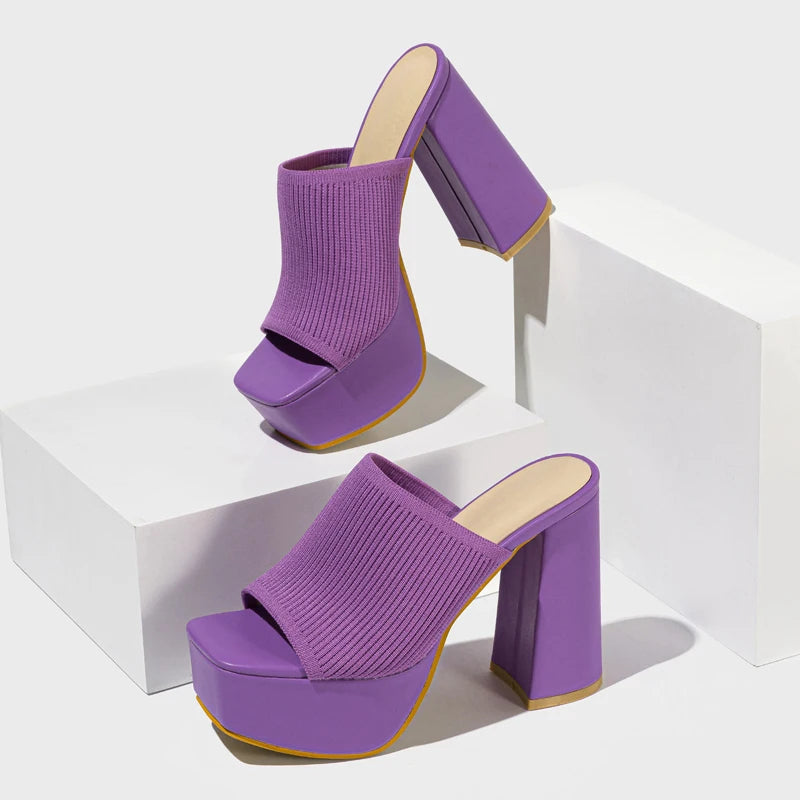 Women’s Open Toe Platform Mule Heels with Ribbed Strap and Block Heel