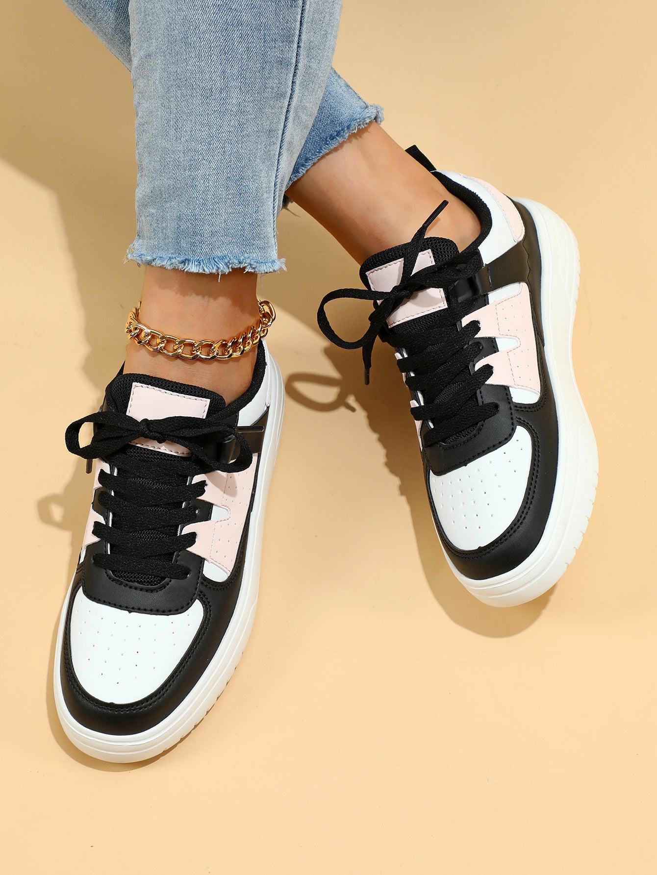 Women's Lace-Up Platform Sneakers - Low Top - Perforated Panel - Chunky Sole
